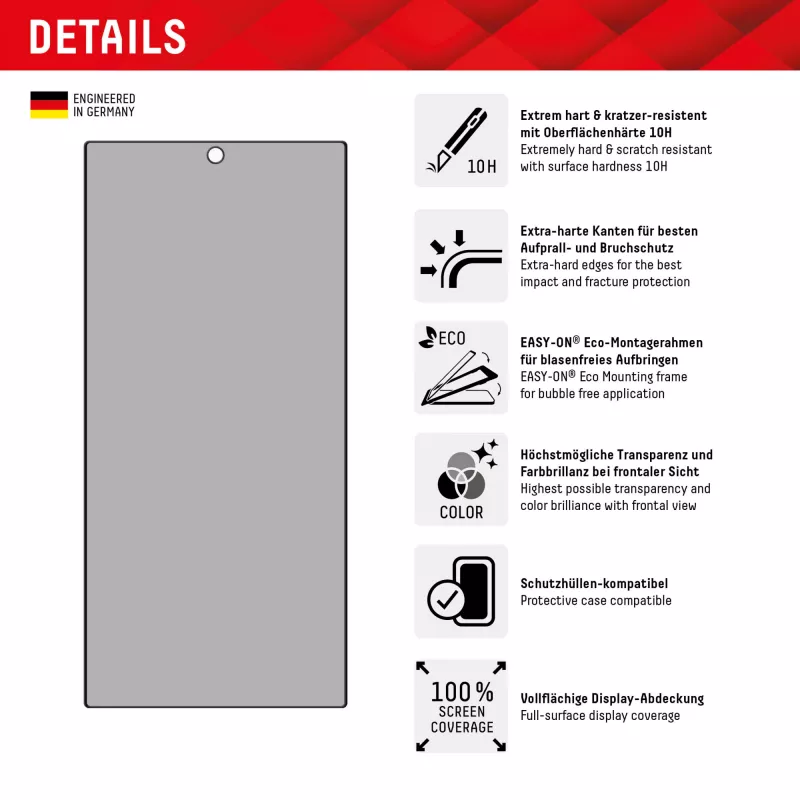 Displex Privacy Screen Protector (10H) pre Samsung Galaxy S24 Ultra, Eco montážny rám, filter proti zvedavým pohľadom