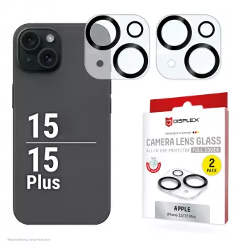 Displex Full Cover sklo kamery iPhone 15/15 Plus, 10H, úplná ochrana kamery, Quick Mount, 2 ks