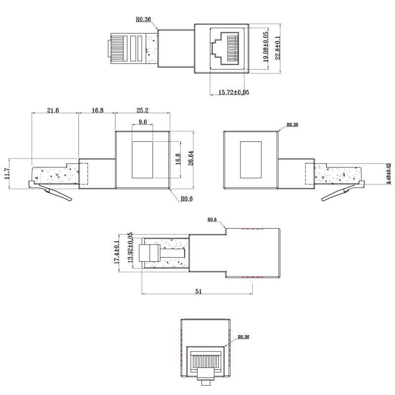InLine adaptér patch kábla Cat.6A, RJ45 konektor samec/samica, 90° zahnutý nadol