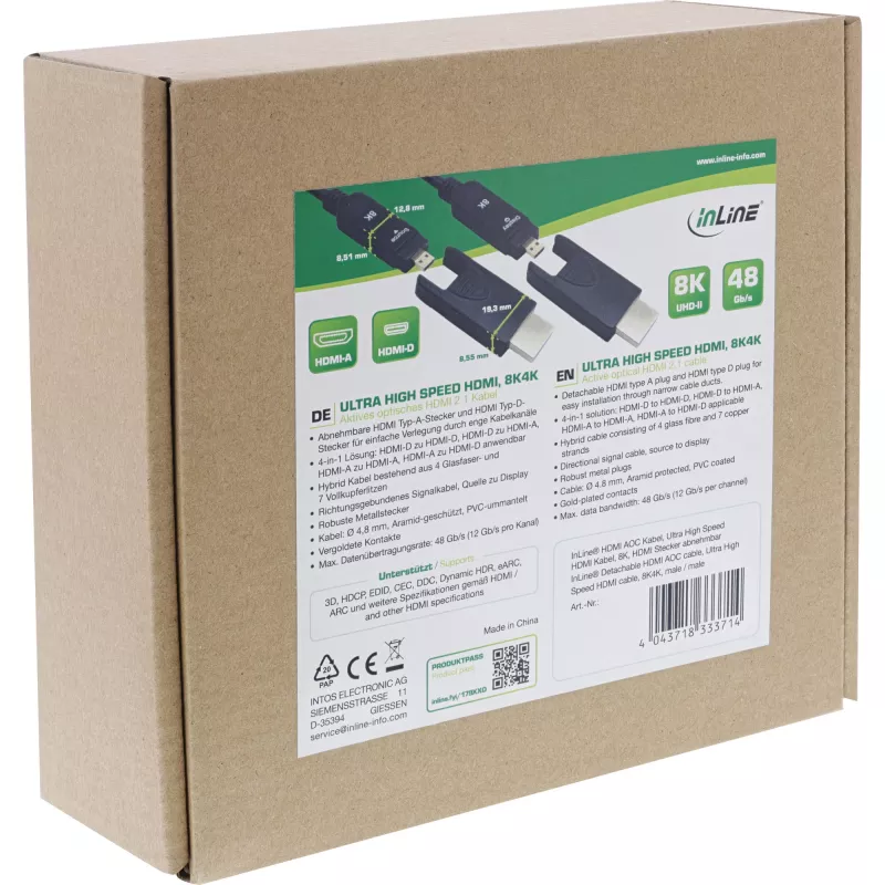 InLine HDMI AOC kábel, Ultra High Speed HDMI, 8K4K, odnímateľný konektor, 20 m