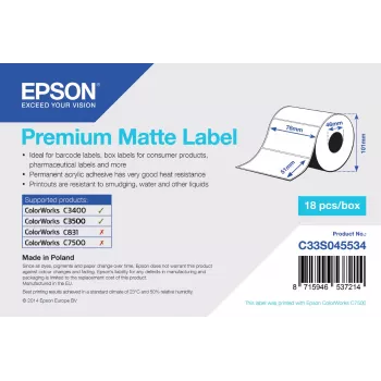 Epson Premium matná etiketa – vysekávaná rolka: 76 mm x 51 mm, 650 etikiet
