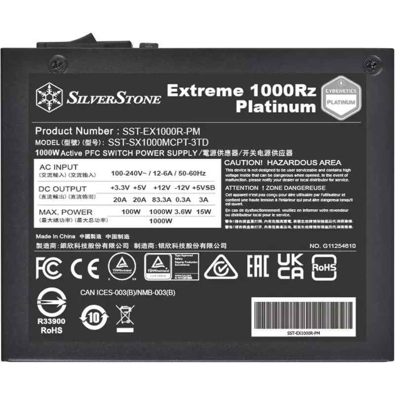 Silverstone Technology Extreme 1000Rz Platinum (čierna, 2x 12-pin vysokovýkonná GPU, 8x PCIe, manažment káblov, 1000 Watt)