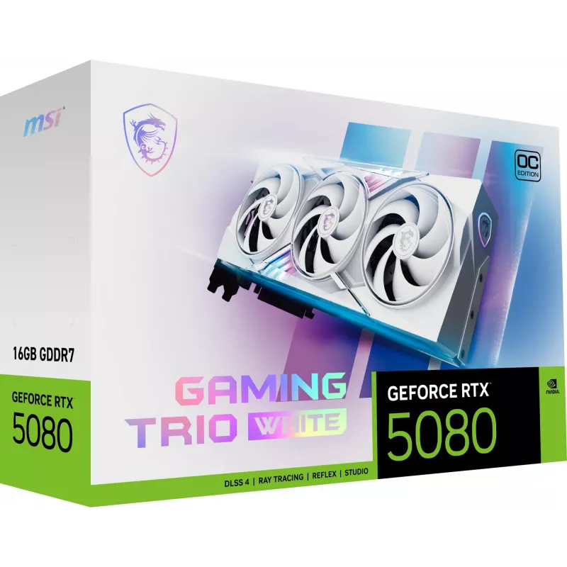 Grafická karta MSI GeForce RTX 5080 16 GB GDDR7, PCIe 5.0, 256-bit, 3xDP 2.1a + HDMI 2.1b, 360 W, 3 ventilátory, biela