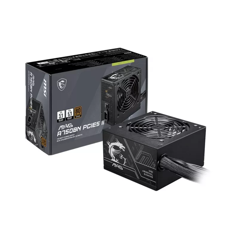 Napájací zdroj MSI MAG A750BN PCIE5 II 750 W, 24-pin ATX, Non-Modular, 80 PLUS Bronze, 120 mm ventilátor, čierny