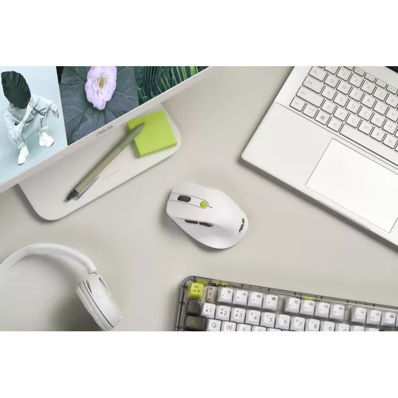 Myš ASUS MD105 /VT-GN — pre pravákov RF wireless + Bluetooth, 2400 DPI, koliesko, na batérie, biela/zelená