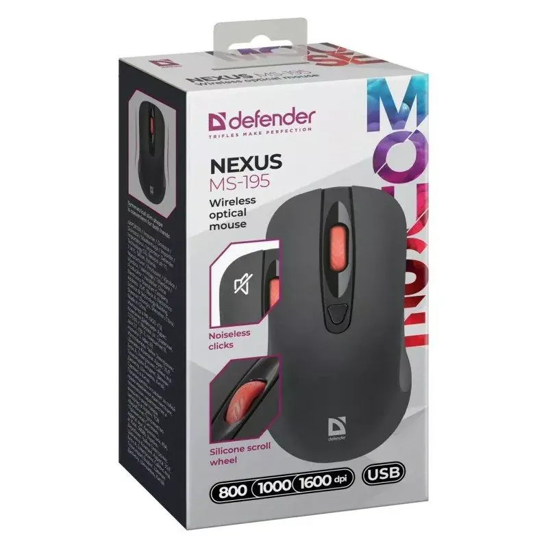 Bezdrôtová optická RF tichá myš DEFENDER Nexus MS-195 — 1600 DPI, 2,4 GHz, Nano-USB, obojručná, 2×AAA, čierna