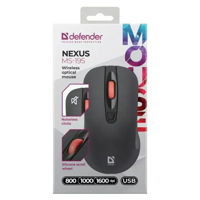 Bezdrôtová optická RF tichá myš DEFENDER Nexus MS-195 — 1600 DPI, 2,4 GHz, Nano-USB, obojručná, 2×AAA, čierna