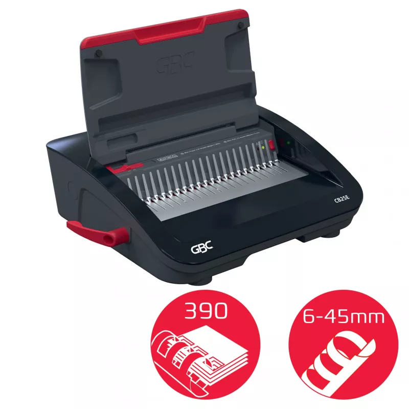 GBC CombBind® CB25E elektrický viazací stroj, hrebeňový viazací stroj, elektrický, 390 listov, čierna, červená
