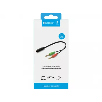 Sandberg adaptér pre headset (mobilný) PC, 2 x 3,5 mm, konektor samec, 3,5 mm, konektor samica, čierny