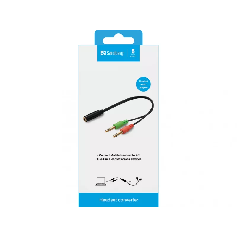 Sandberg adaptér pre headset (mobilný) PC, 2 x 3,5 mm, konektor samec, 3,5 mm, konektor samica, čierny