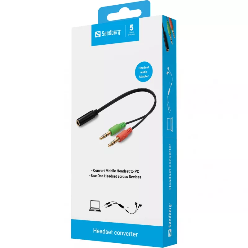 Sandberg adaptér pre headset (mobilný) PC, 2 x 3,5 mm, konektor samec, 3,5 mm, konektor samica, čierny