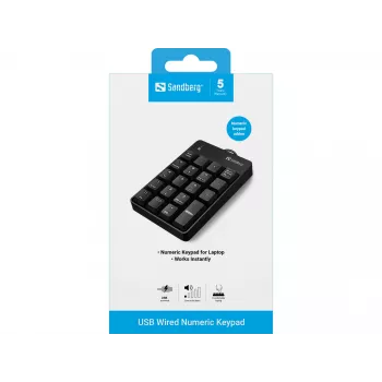 Sandberg USB káblová numerická klávesnica, USB, 19, notebook/PC, 1,5 m, čierna