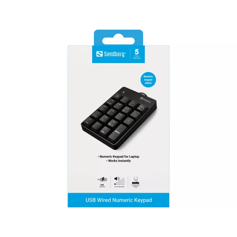 Sandberg USB káblová numerická klávesnica, USB, 19, notebook/PC, 1,5 m, čierna