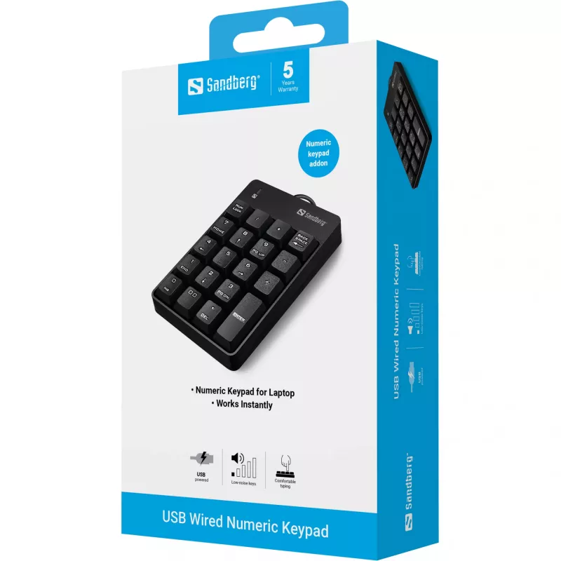 Sandberg USB káblová numerická klávesnica, USB, 19, notebook/PC, 1,5 m, čierna