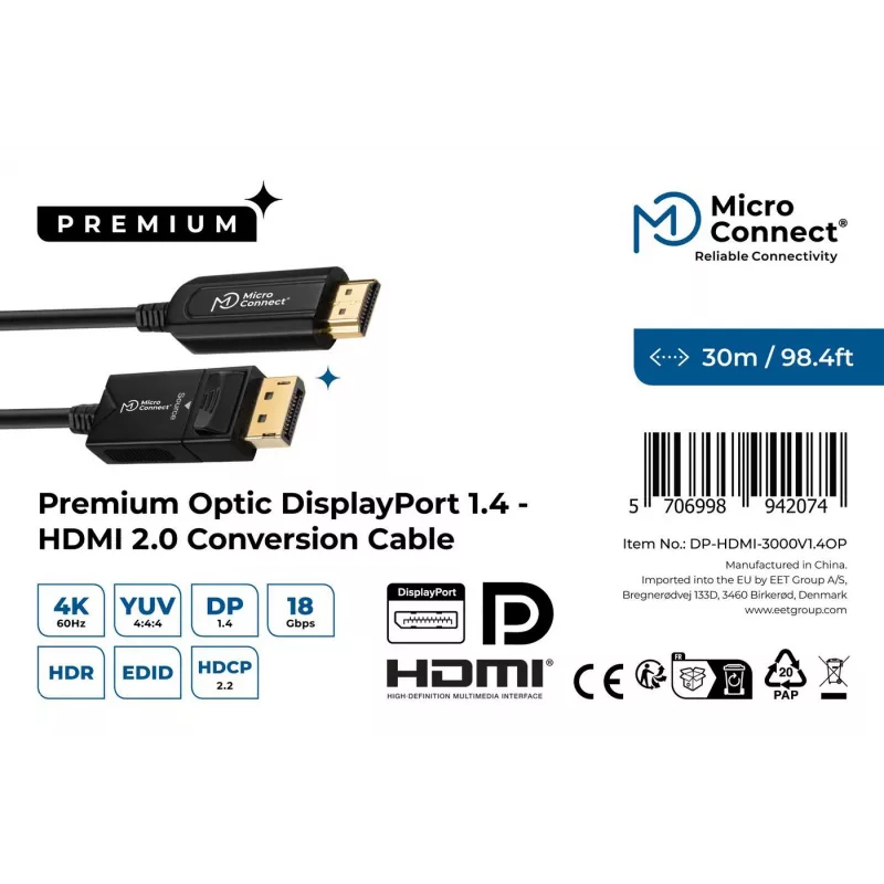 Microconnect DP-HDMI-3000V1.4OP video kábel adaptér 30 m DisplayPort HDMI Type-A (štandard) čierny