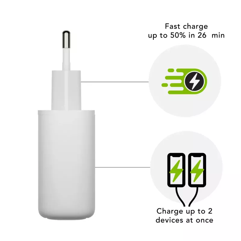 Nástenná nabíjačka dbramante re-charge Pro — 2× USB-C 25W, 110–240V, biela