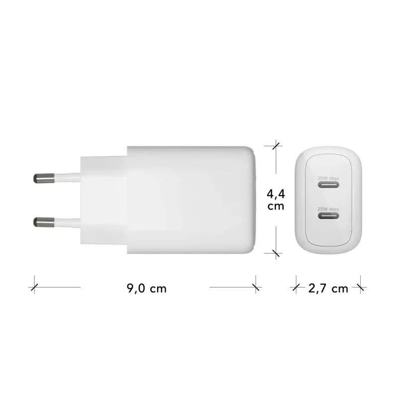 Nástenná nabíjačka dbramante re-charge Pro — 2× USB-C 25W, 110–240V, biela