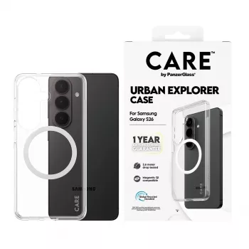 PanzerGlass CARE™ Urban Explorer puzdro pre Samsung Galaxy S26 — transparentný kryt s bielou podporou Qi