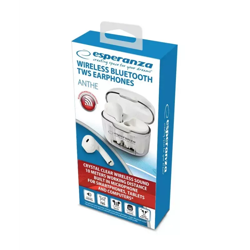 Bezdrôtové in-ear slúchadlá ESPERANZA EH237W — Bluetooth 5.3, dotykové ovládanie, 3–4 h batéria, biela