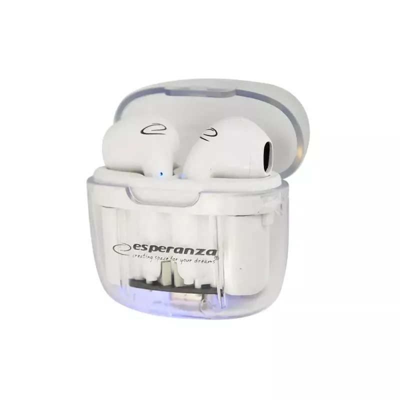 Bezdrôtové in-ear slúchadlá ESPERANZA EH237W — Bluetooth 5.3, dotykové ovládanie, 3–4 h batéria, biela