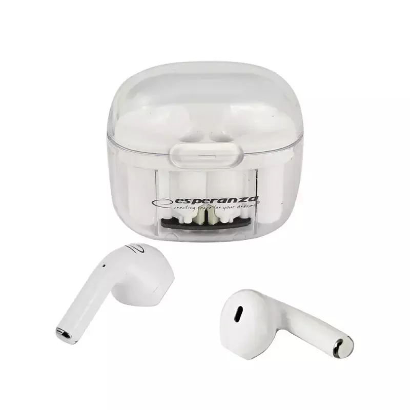 Bezdrôtové in-ear slúchadlá ESPERANZA EH237W — Bluetooth 5.3, dotykové ovládanie, 3–4 h batéria, biela