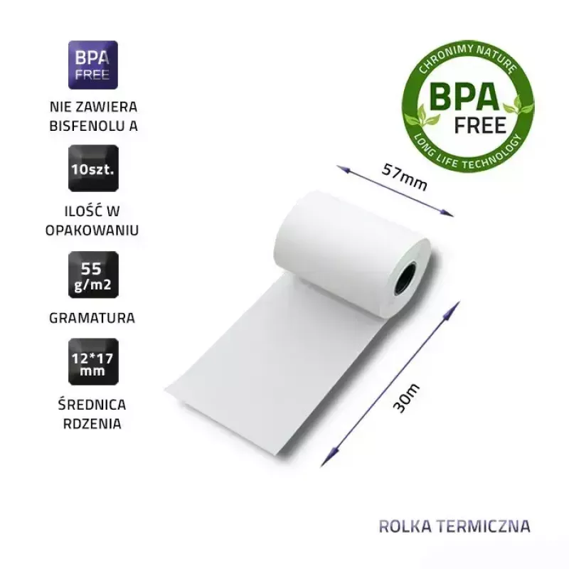 Termopokladničné rolky QOLTEC 57 x 30 mm 55 g/m² bez BPA, jadro 17 mm, 10 ks