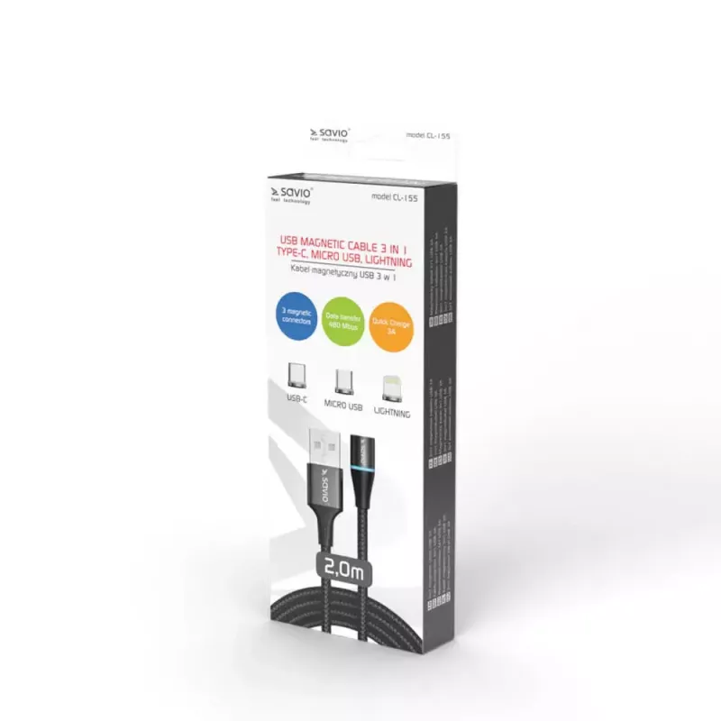USB 2.0 kábel SAVIO CL-155, USB A na vymeniteľný USB-C / Micro-USB B / Lightning, 2 m, čierny