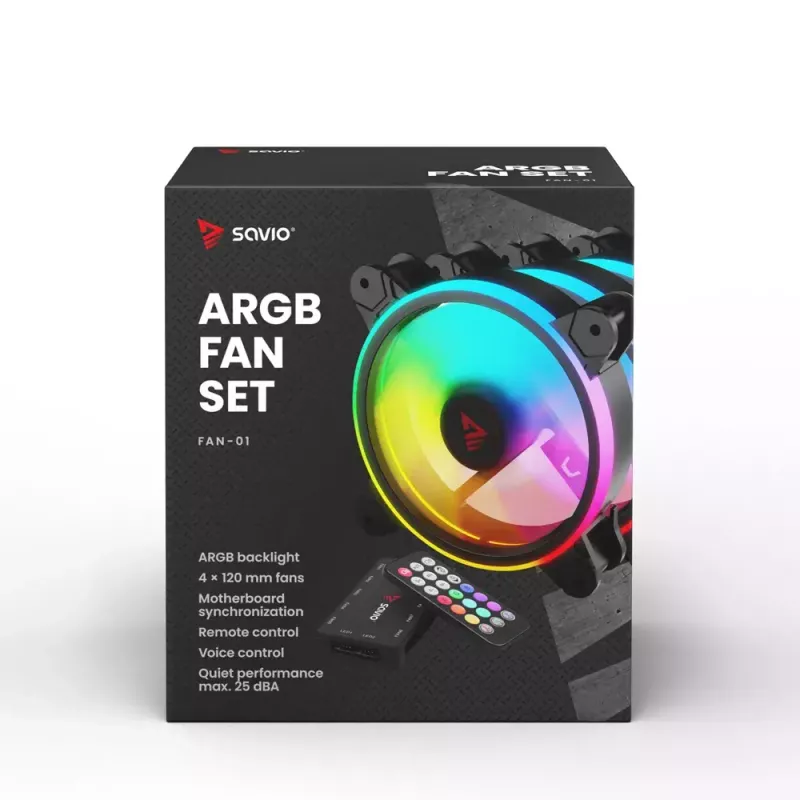 SAVIO FAN-01 Balenie 4 ks ARGB ventilátor 120mm s ovládačom a diaľkovým ovládaním, čierny