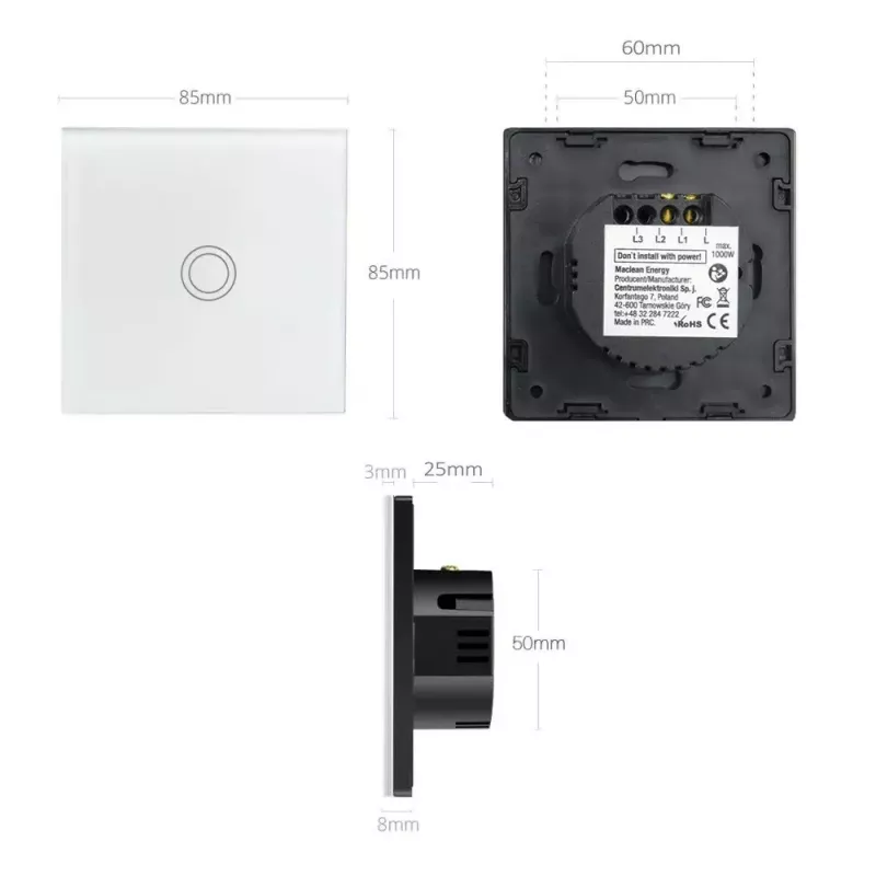 Dotykový vypínač svetla MACLEAN MCE703W, sklenený predný panel, 1-násobný, 220V