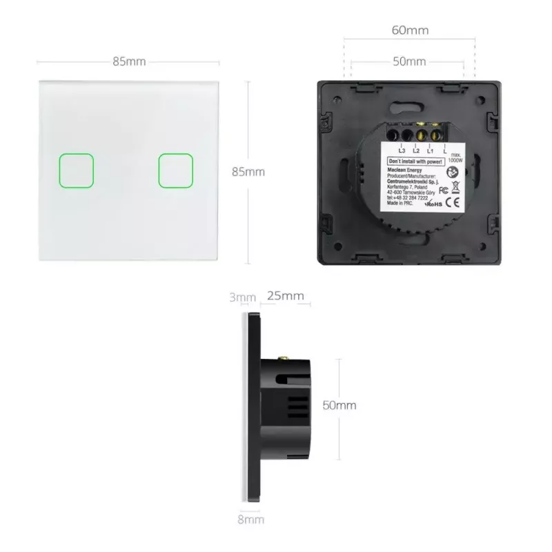 Dotykový vypínač svetla MACLEAN MCE703W, sklenený predný panel, 1-násobný, 220V