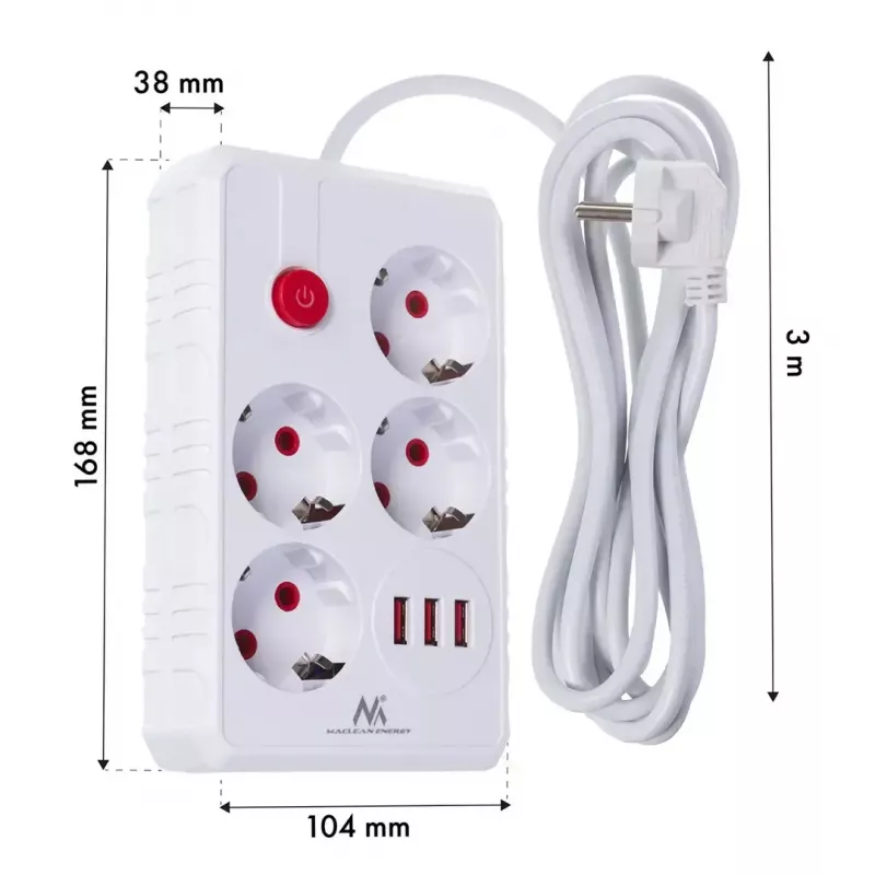 Predlžovacia zásuvková lišta MACLEAN MCE393 W — 4 zásuvky + 3×USB, 110–240V, 2,1A USB, 2500W, 3 m, biela