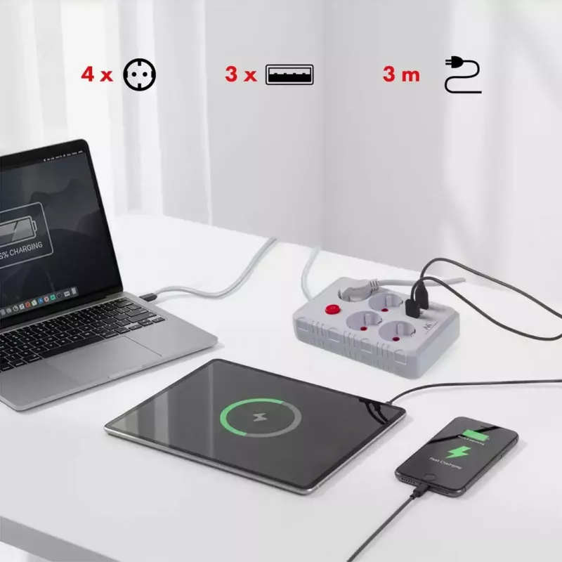 Predlžovacia zásuvková lišta MACLEAN MCE393 W — 4 zásuvky + 3×USB, 110–240V, 2,1A USB, 2500W, 3 m, biela