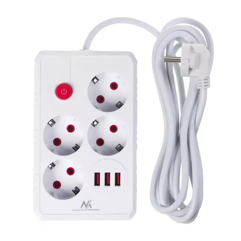 Predlžovacia zásuvková lišta MACLEAN MCE393 W — 4 zásuvky + 3×USB, 110–240V, 2,1A USB, 2500W, 3 m, biela