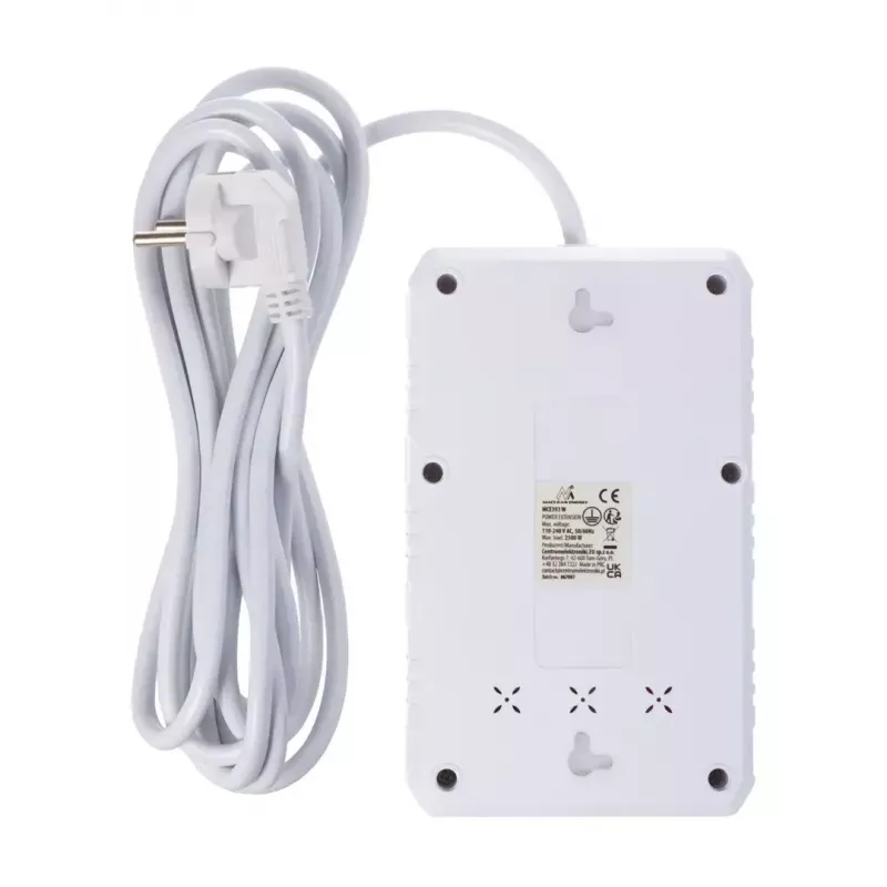 Predlžovacia zásuvková lišta MACLEAN MCE393 W — 4 zásuvky + 3×USB, 110–240V, 2,1A USB, 2500W, 3 m, biela