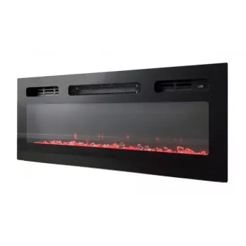 TV skriňa Cama Meble EVA s elektrickým krbom 180×40×52 cm, biely korpus, lesklé biele dvere, MDF vrchná doska