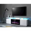 TV skriňa Cama Meble EVA s elektrickým krbom 180×40×52 cm, biely korpus, lesklé biele dvere, MDF vrchná doska