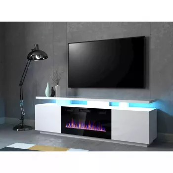 TV skriňa Cama Meble EVA s elektrickým krbom 180×40×52 cm, biely korpus, lesklé biele dvere, MDF vrchná doska