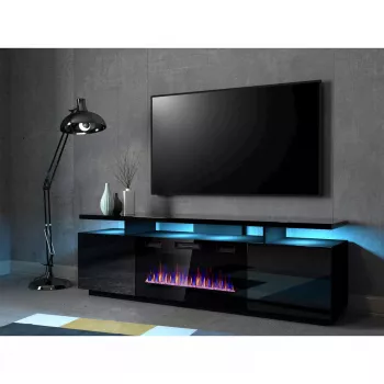 TV skriňa Cama Meble EVA s elektrickým krbom 180x40x52 cm, čierna/lesklá čierna