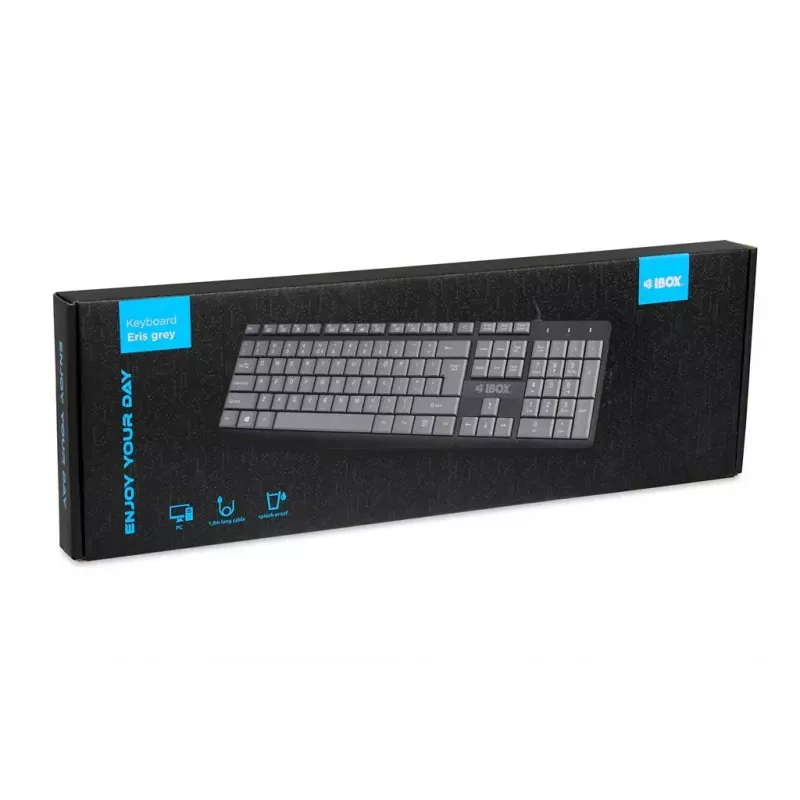 Káblová USB klávesnica IBOX Eris IKC2010G — Full-Size 105 klávesov, USB, sivá/čierna, vodoodolná, 1,8 m kábel