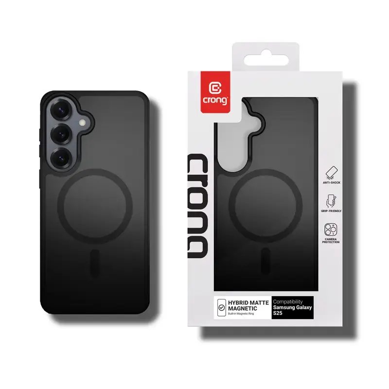 Crong Hybrid Matte magnetické puzdro pre Samsung Galaxy S25 — TPU+PC, magnetické krúžky, čierna