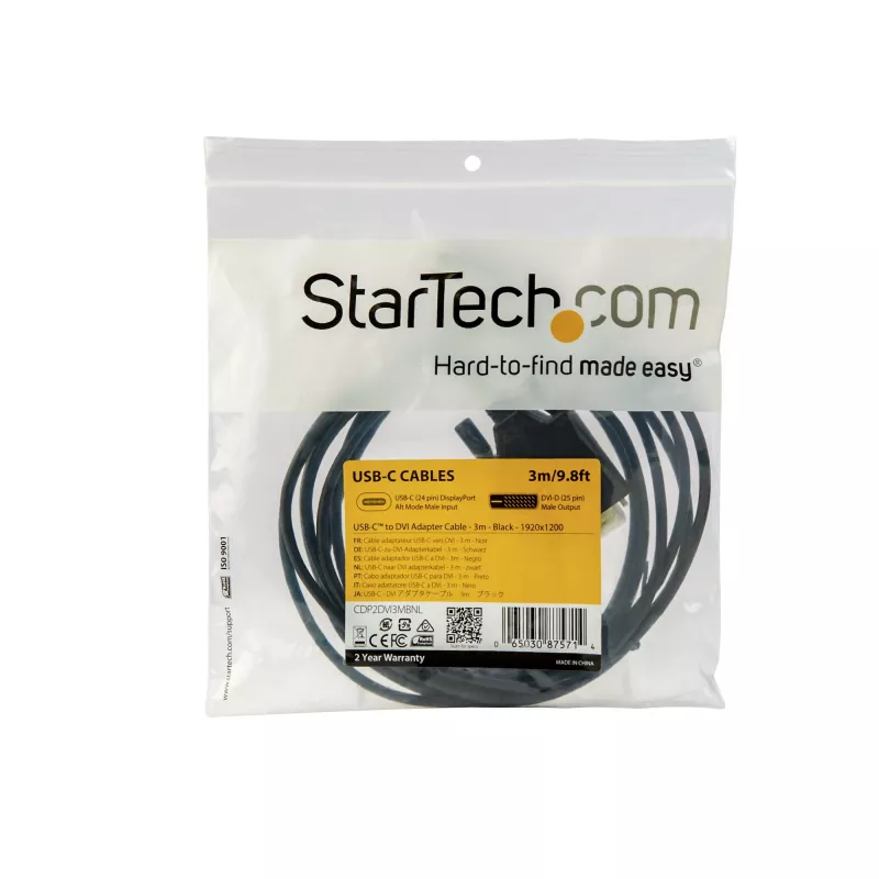 StarTech.com 10ft (3m) USB-C na DVI kábel – 1080p (Single Link) USB Type-C (DP Alt Mode HBR2) na DVI digitálny video adaptér kábel – funguje s Thunderbolt 3 – notebook na DVI monitor/obrazovku