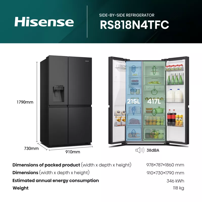 Hisense RS818N4TFC Side-by-Side chladnička voľne stojaca 632 L čierna, nerez