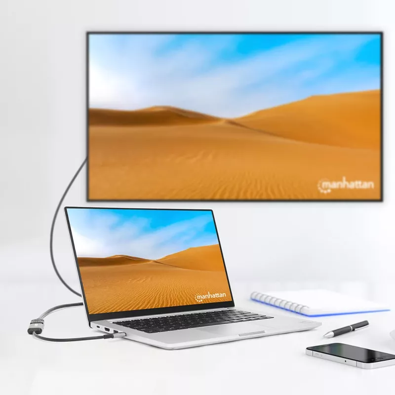 Manhattan USB-C na HDMI kábel, 4K@60Hz, 5 Gbit/s (USB 3.2 Gen1 alias USB 3.0), 15 cm, čierny, konektor samec na konektor samica, tri roky záruka