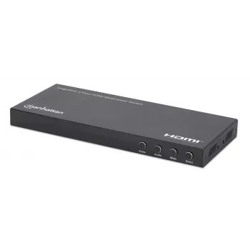 Manhattan 4K 4-portový HDMI Multiviewer Switch, switch so štyrmi vstupmi na jeden displej, 4K@30Hz, viacero možností zobrazenia vrátane obraz v obraze a dual-/quad-screen, tlačidlové alebo diaľkové ovládanie, 3,5-mm a Toslink audio, čierny, 3 roky záruka