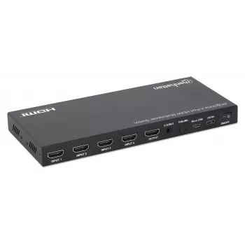 Manhattan 4K 4-portový HDMI Multiviewer Switch, switch so štyrmi vstupmi na jeden displej, 4K@30Hz, viacero možností zobrazenia vrátane obraz v obraze a dual-/quad-screen, tlačidlové alebo diaľkové ovládanie, 3,5-mm a Toslink audio, čierny, 3 roky záruka