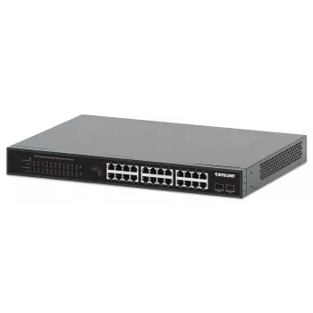 Intellinet 24-port Gigabit Ethernet PoE+ Switch s 2 SFP portami IEEE 802.3at/af (PoE+/PoE) kompatibilný, PoE výkonový rozpočet 370 W, dva 1G SFP otvorené sloty, 19 palcov Rackmount