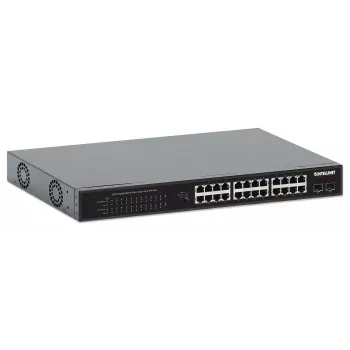 Intellinet 24-port Gigabit Ethernet PoE+ Switch s 2 SFP portami IEEE 802.3at/af (PoE+/PoE) kompatibilný, PoE výkonový rozpočet 370 W, dva 1G SFP otvorené sloty, 19 palcov Rackmount
