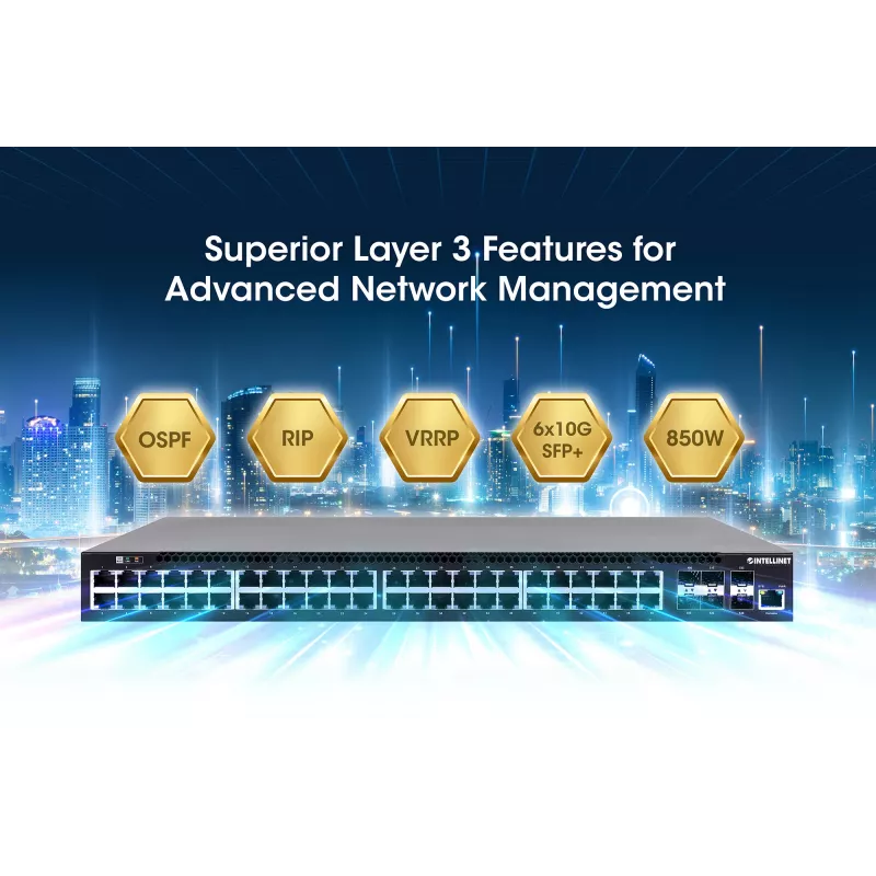 Intellinet 54-port L3 Fully Managed PoE+ Switch so 48 Gigabit Ethernet portami a 6 SFP+ uplinkmi