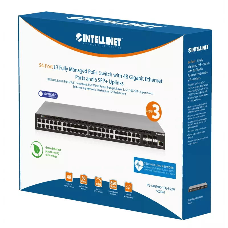 Intellinet 54-port L3 Fully Managed PoE+ Switch so 48 Gigabit Ethernet portami a 6 SFP+ uplinkmi