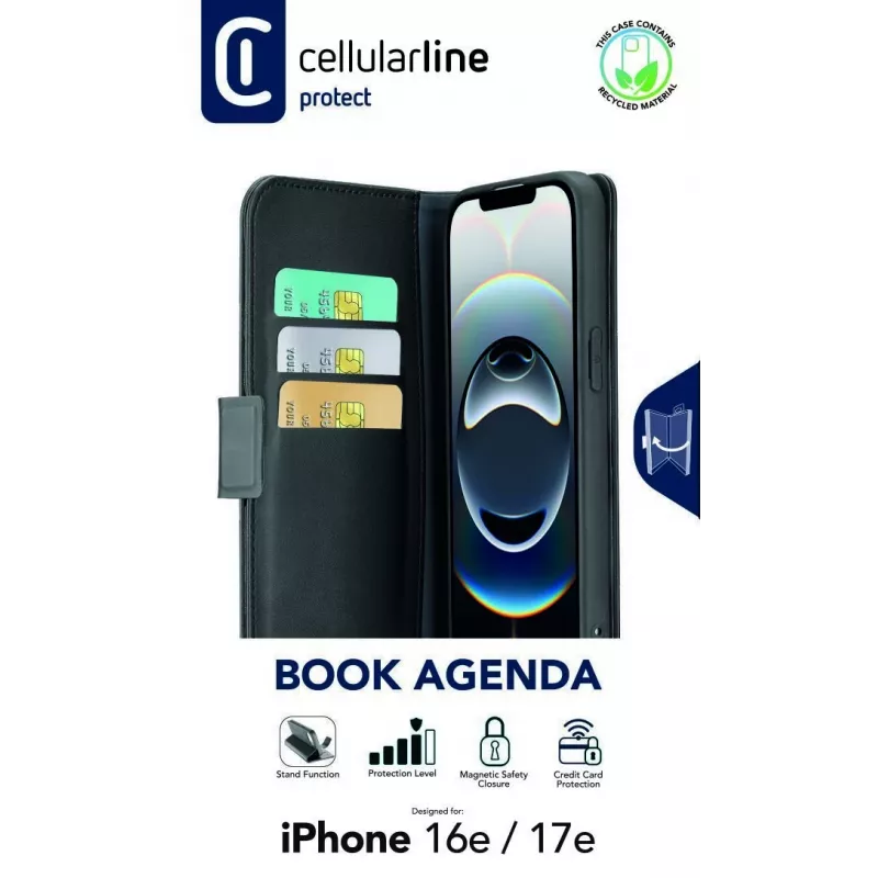 Cellularline Book Agenda - iPhone 16e/17e koženkové knižné puzdro s magnetickým uzáverom